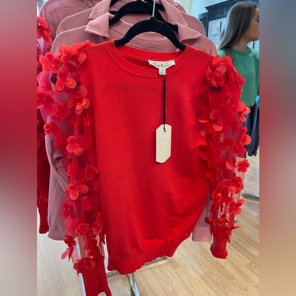 Adorable Red Top With Mesh Flower Sleeves